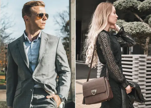Elegancki mężczyzna w garniturze i kobieta w czarnej sukience, uosabiający styl francuski moda.