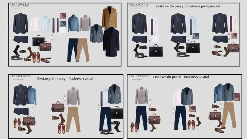 Zestawy do pracy w stylu business casual: marynarki, koszule, swetry, spodnie, buty i akcesoria.
